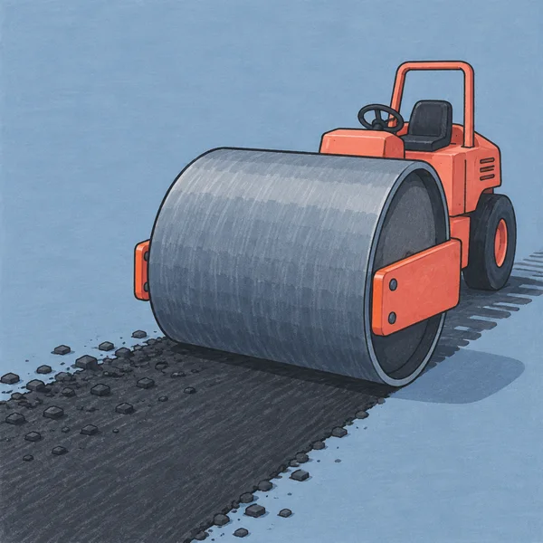 A coral road roller with an oversized blue-grey steel drum compacts a diagonal charcoal asphalt strip, with scattered aggregate ahead and flattened dash marks…