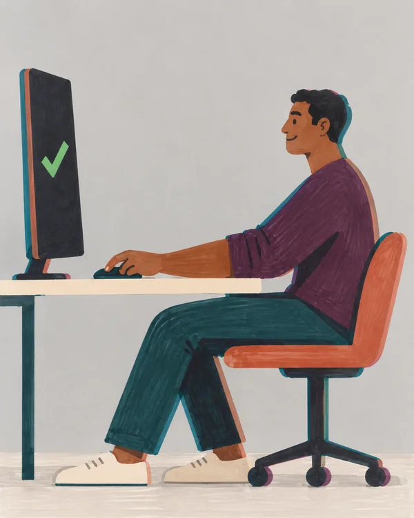 A seated person with short dark hair and warm brown skin works in profile at a desk, reaching toward a mouse beside a tall dark monitor displaying a green…
