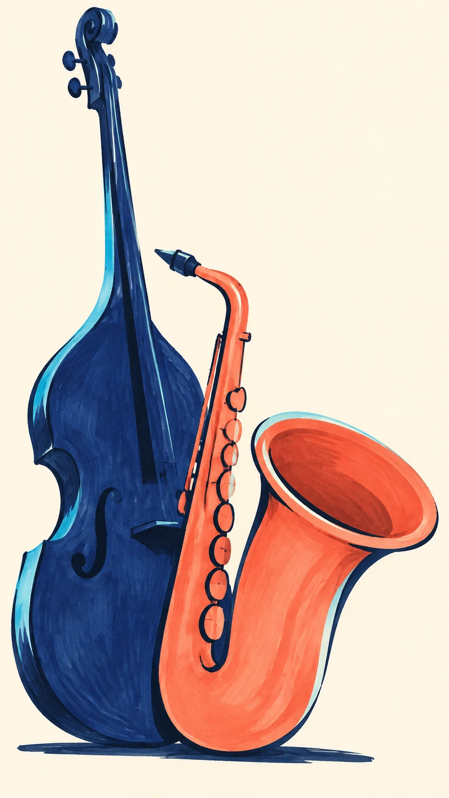 A deep-indigo double bass stands beside an oversized coral saxophone with a broad flared bell, rendered in marker-like strokes against a warm ivory background.