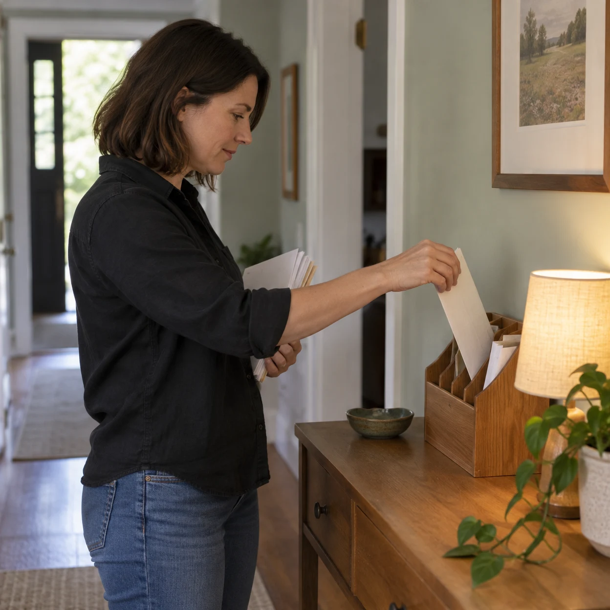 A person in a dark shirt sorts blank envelopes beside a wooden mail rack on a hallway console, sliding one envelope into a slot while holding others against…