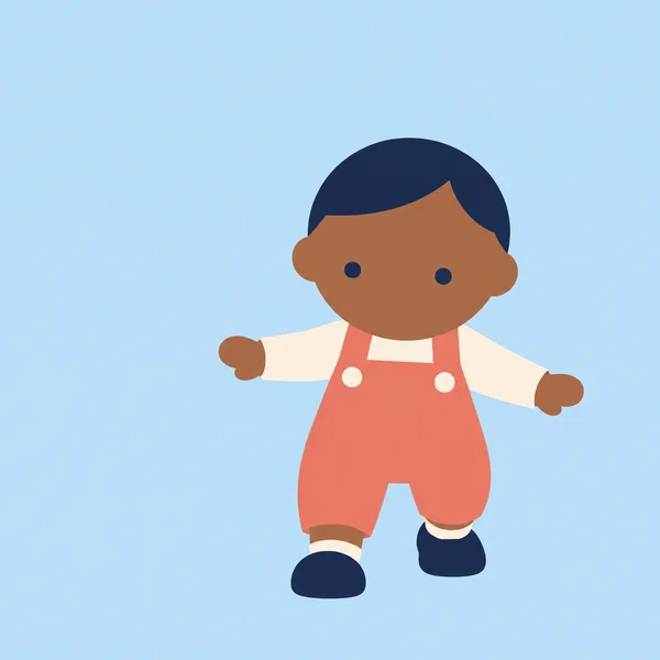 A geometric illustration of a toddler with warm-brown skin, navy hair and shoes, and coral overalls over a cream shirt, standing with arms out and feet apart…