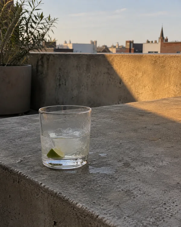 A clear iced drink with a lime wedge sits in a low tumbler on a concrete rooftop ledge, with condensation on the glass, a potted plant at left, distant…
