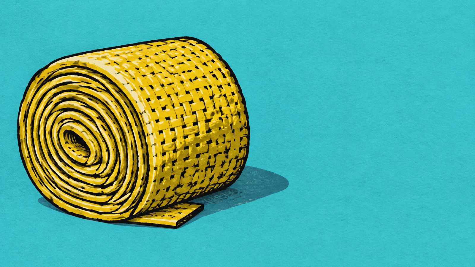 A sunflower-yellow woven fabric roll lies on a bright turquoise surface, its large spiral end facing forward and a short loose flap resting at its base.