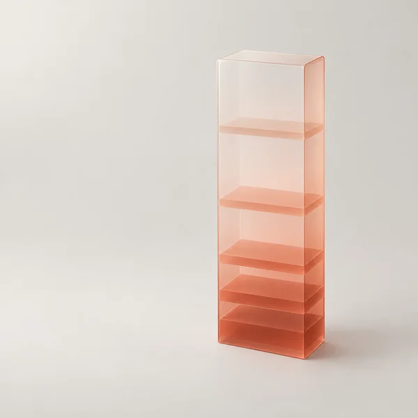 A translucent coral rectangular volume stands slightly right of centre against a warm pale-grey background.