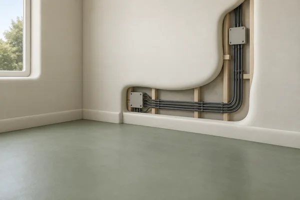 A polished 3D illustration of a residential room corner with a large rounded wall cutaway exposing charcoal cables routed through vertical and horizontal…