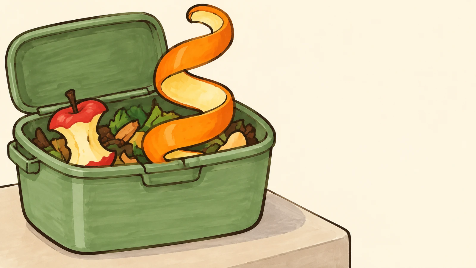 A hand-drawn illustration of an open sage-green compost caddy on a cream counter, filled with scraps including a red-and-cream apple core and a large curling…