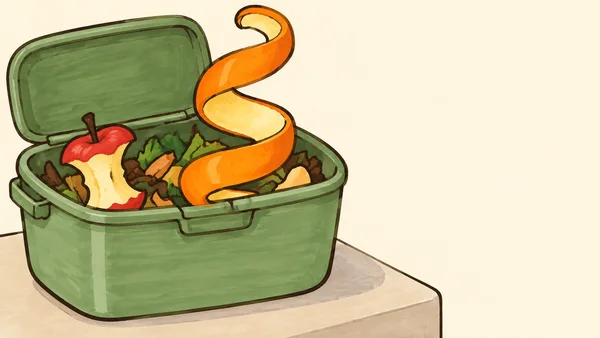 A hand-drawn illustration of an open sage-green compost caddy on a cream counter, filled with scraps including a red-and-cream apple core and a large curling…