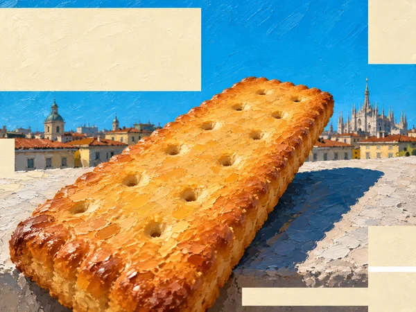 A large golden rectangular biscuit lies diagonally across a pale stone ledge, with its near end cropped by the bottom edge.