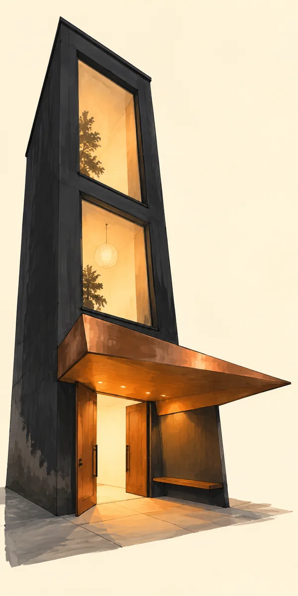 A tall, narrow charcoal building with two glowing windows and open double doors stands against a warm ivory background.