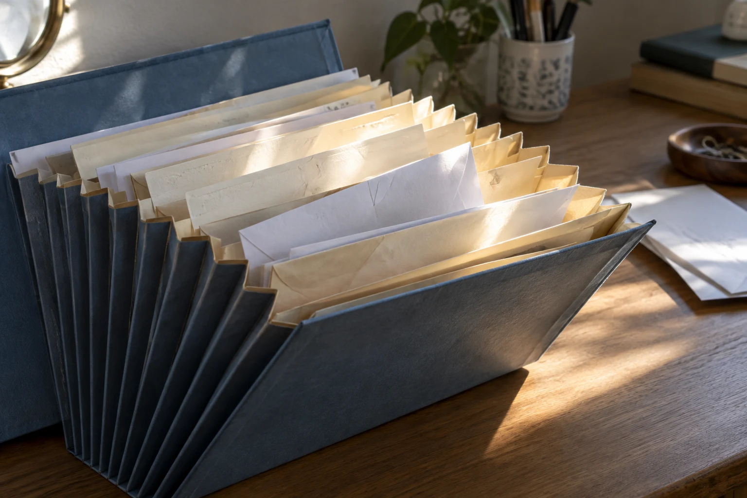 An open blue accordion file filled with cream dividers and blank envelopes sits on a wooden desk, with a loose white sheet to the right.