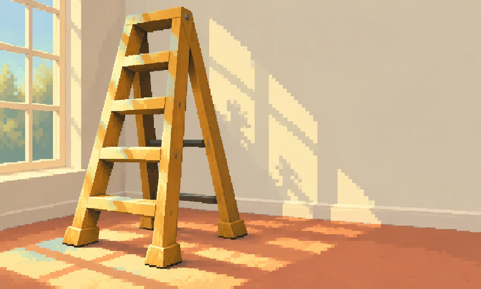A tall open ochre stepladder stands in a sunlit room beside a cropped window, with stepped pixel-art sunlight across the pale wall and terracotta floor.