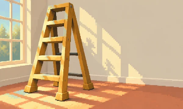 A tall open ochre stepladder stands in a sunlit room beside a cropped window, with stepped pixel-art sunlight across the pale wall and terracotta floor.