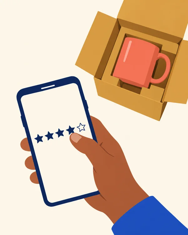 An overhead illustration shows a warm-brown hand holding a navy smartphone with four filled stars and one outlined star on its cream screen; an open ochre…