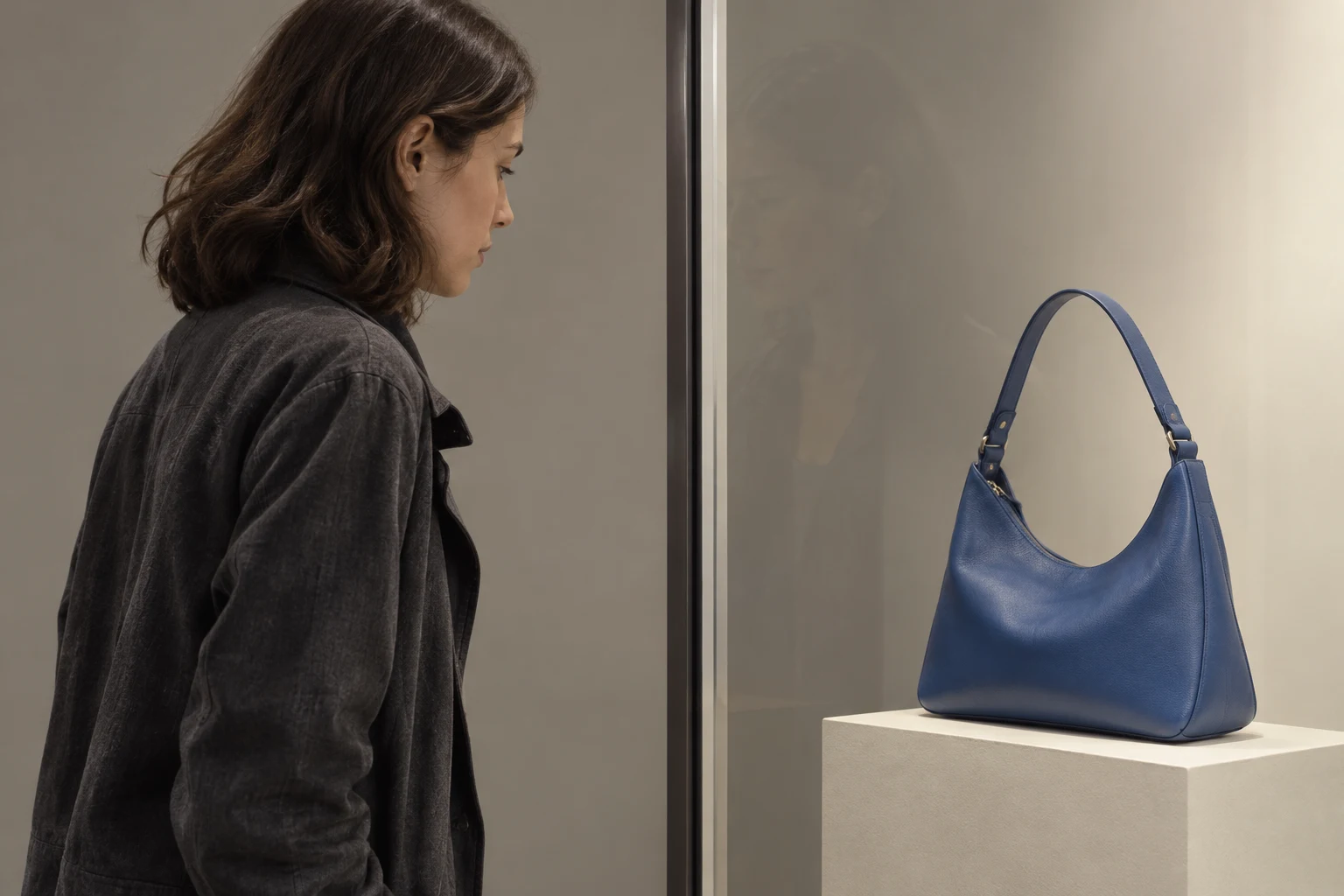 A person in a charcoal jacket looks toward a cobalt-blue leather shoulder bag displayed on a cream block, with a narrow dark window frame and a faint…