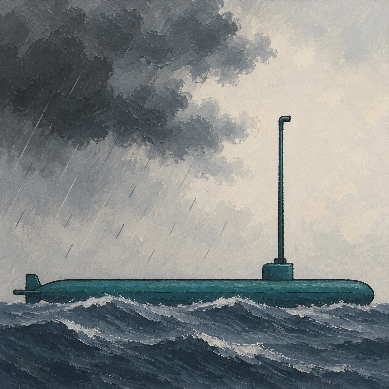 A long teal submarine sits in side profile on choppy slate-blue water, with a very tall bent-tip periscope rising against pale sky beneath a dark storm cloud…