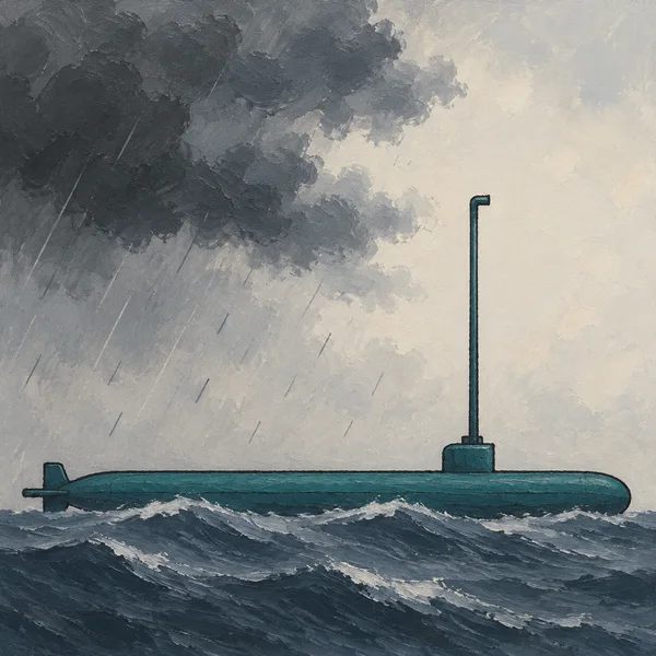 A long teal submarine sits in side profile on choppy slate-blue water, with a very tall bent-tip periscope rising against pale sky beneath a dark storm cloud…