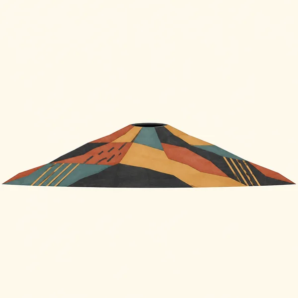 A broad, low shield volcano is shown in side elevation on a warm ivory background, with a dark oval summit opening and charcoal, clay red, ochre, and dusty…