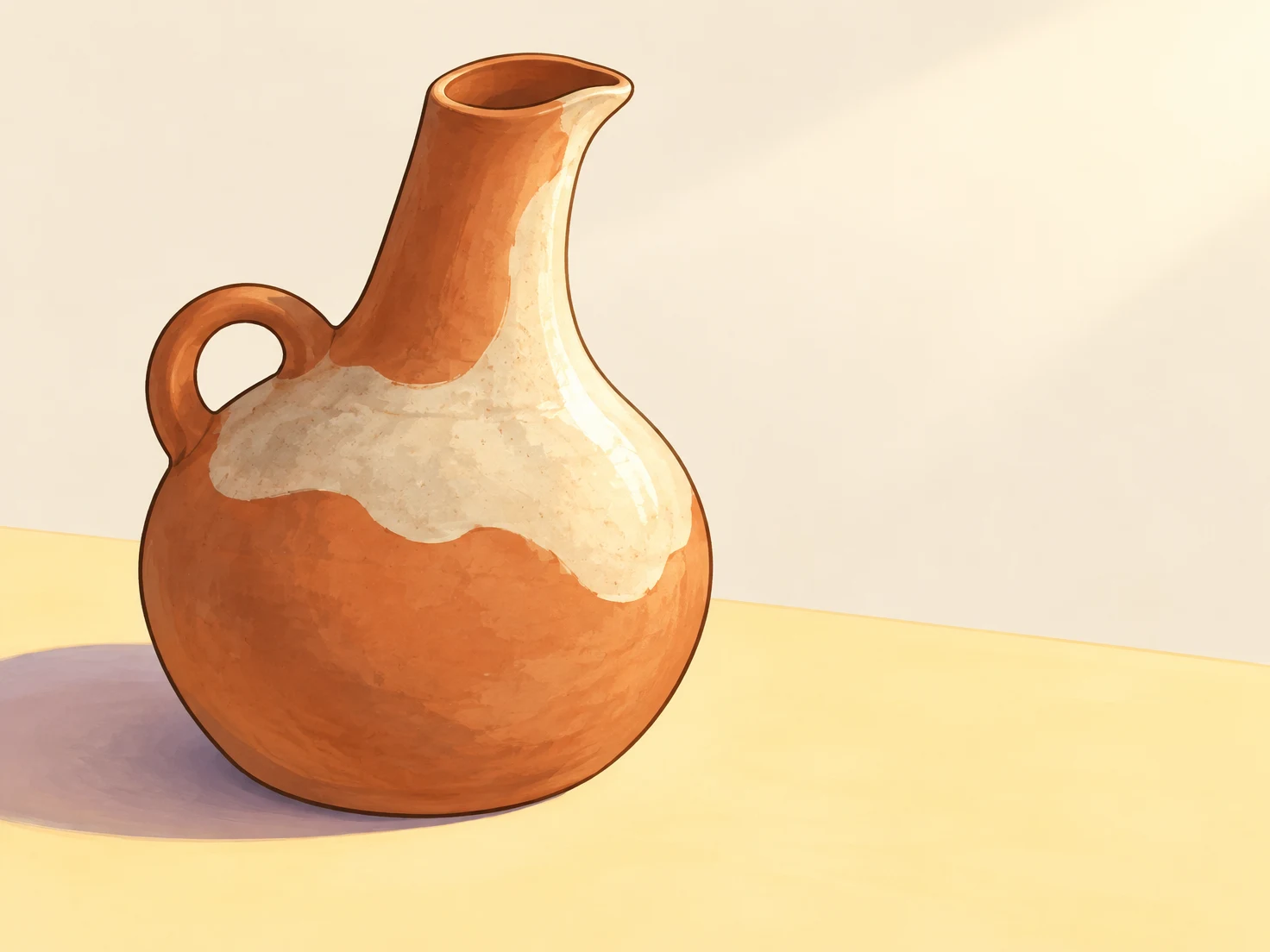A warm terracotta ceramic pitcher with a cream-colored shoulder patch sits left of centre on a pale yellow tabletop, casting a soft lavender shadow against an…