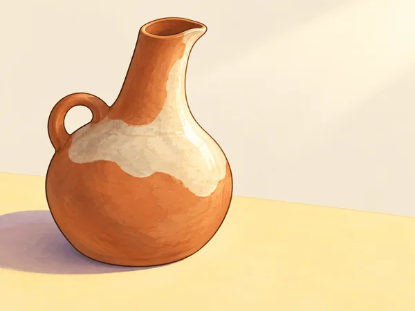 A warm terracotta ceramic pitcher with a cream-colored shoulder patch sits left of centre on a pale yellow tabletop, casting a soft lavender shadow against an…