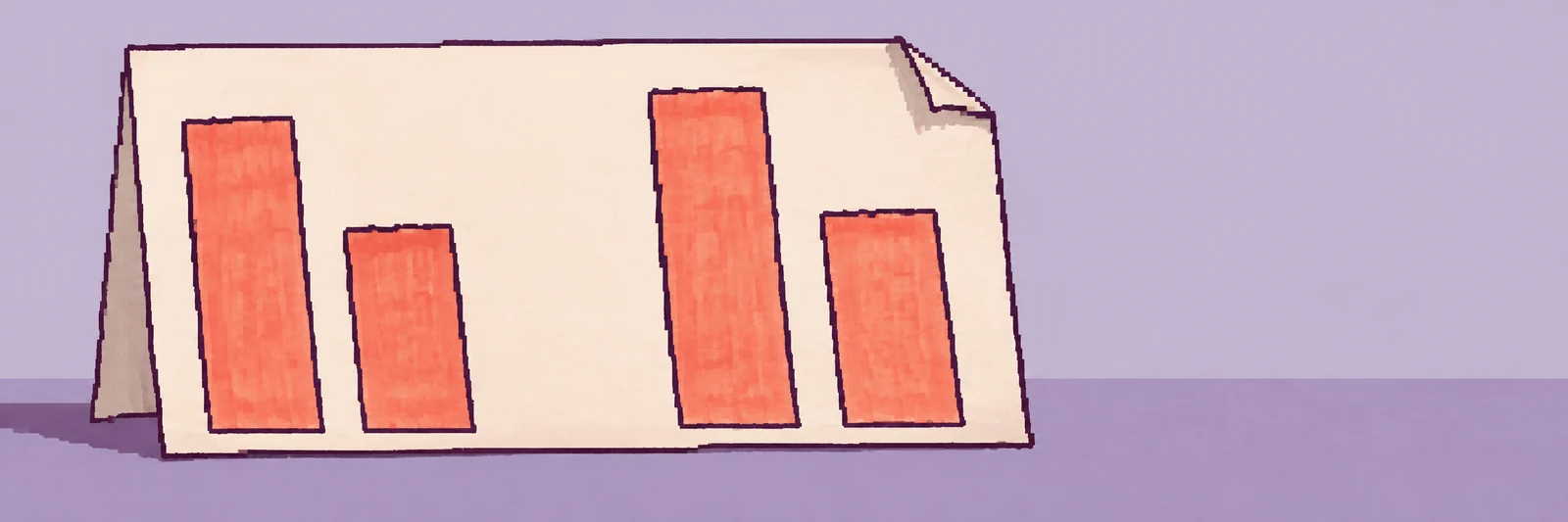 A large cream paper chart with four coral bars stands on a lavender surface, with its upper-right corner curled and a plum shadow behind it; open space fills…