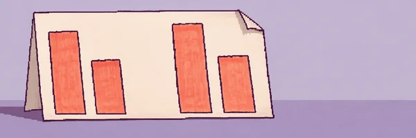 A large cream paper chart with four coral bars stands on a lavender surface, with its upper-right corner curled and a plum shadow behind it; open space fills…
