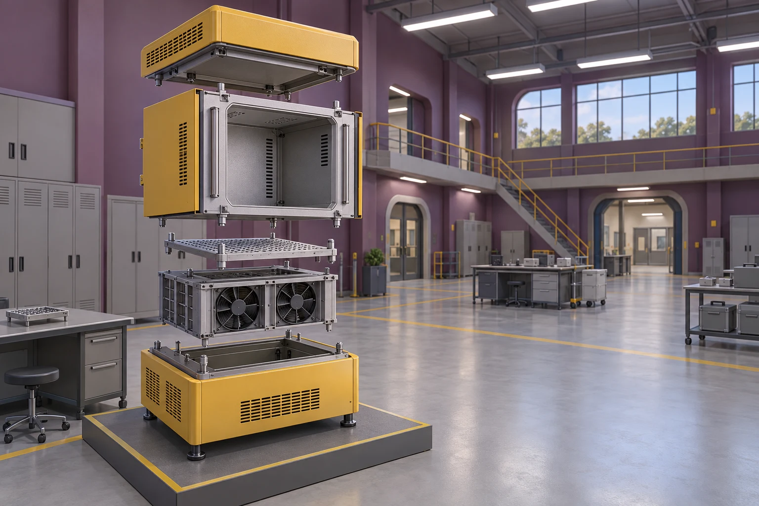 A yellow-and-metal environmental test chamber is shown in a vertically exploded assembly on a raised platform inside a spacious laboratory hall, with…