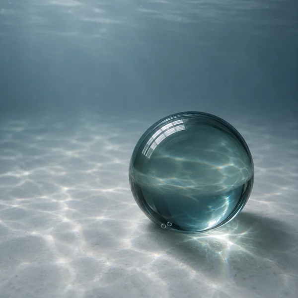 A smooth smoke-teal glass sphere rests on a pale grey tank floor underwater, with curved white reflections, bright caustic patterns and two small bubbles near…