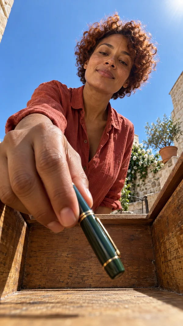 Viewed from inside a weathered wooden drawer, a person in a faded red shirt leans over it and holds a dark-green, gold-trimmed pen toward the camera.