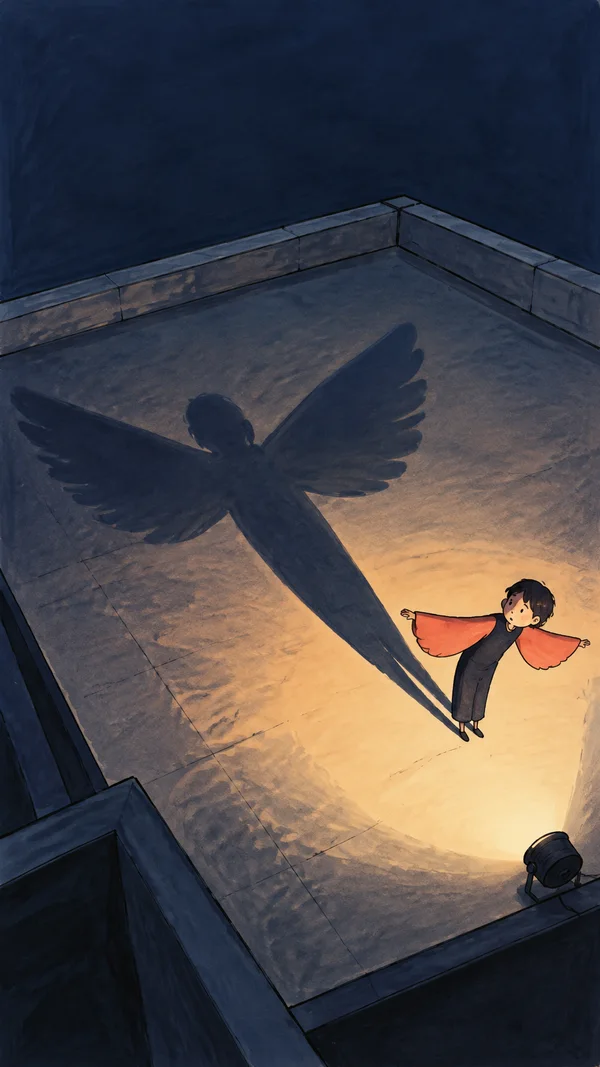 A small child in coral sleeves stands on a rooftop at night, looking toward an enormous wing-shaped shadow cast across the floor by a stage light.