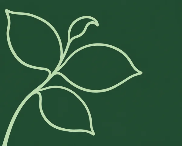 A pale green outlined botanical sprig bends upward from the lower-left on a dark green background, with three large leaves and a small curled tip.