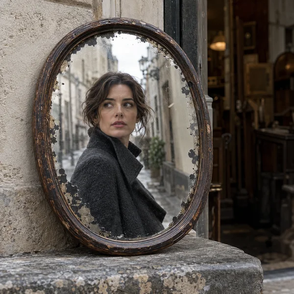 A woman in a dark charcoal coat appears reflected in a weathered oval mirror propped on a stone ledge beside a shadowy shop entrance; the mirror’s wooden frame…