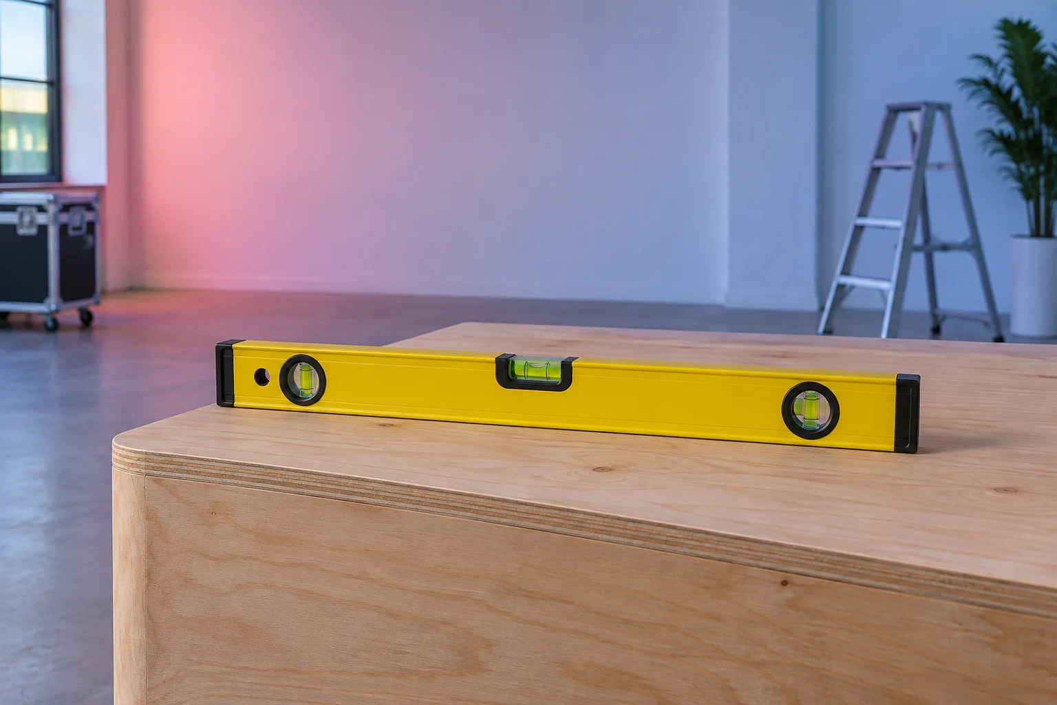 A yellow spirit level rests horizontally across a plywood display plinth in a studio with pink and blue lighting; a ladder, equipment case and potted plant are…
