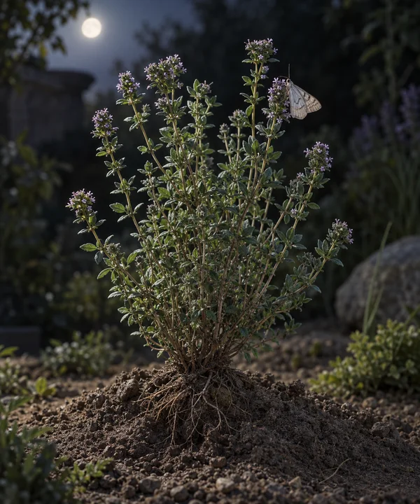 A flowering thyme plant with exposed roots rises from a mound of dark soil, with a pale moth perched on an upper sprig against a softly blurred garden and a…