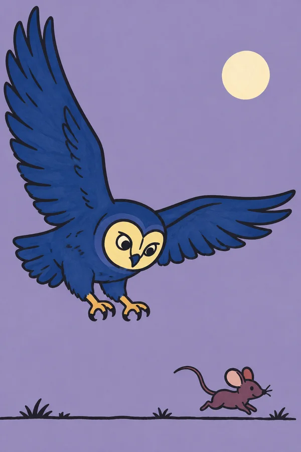 A large blue owl with spread wings and extended talons swoops toward a small plum-colored mouse running along a ground line, beneath a pale round moon on a…