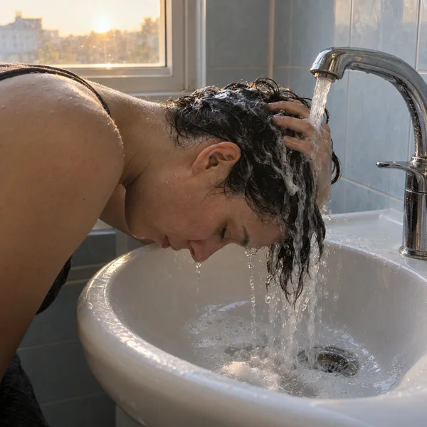 An adult with wet dark hair bends over a white ceramic basin, eyes closed, rinsing their hair beneath a running chrome tap while one hand parts the hair.