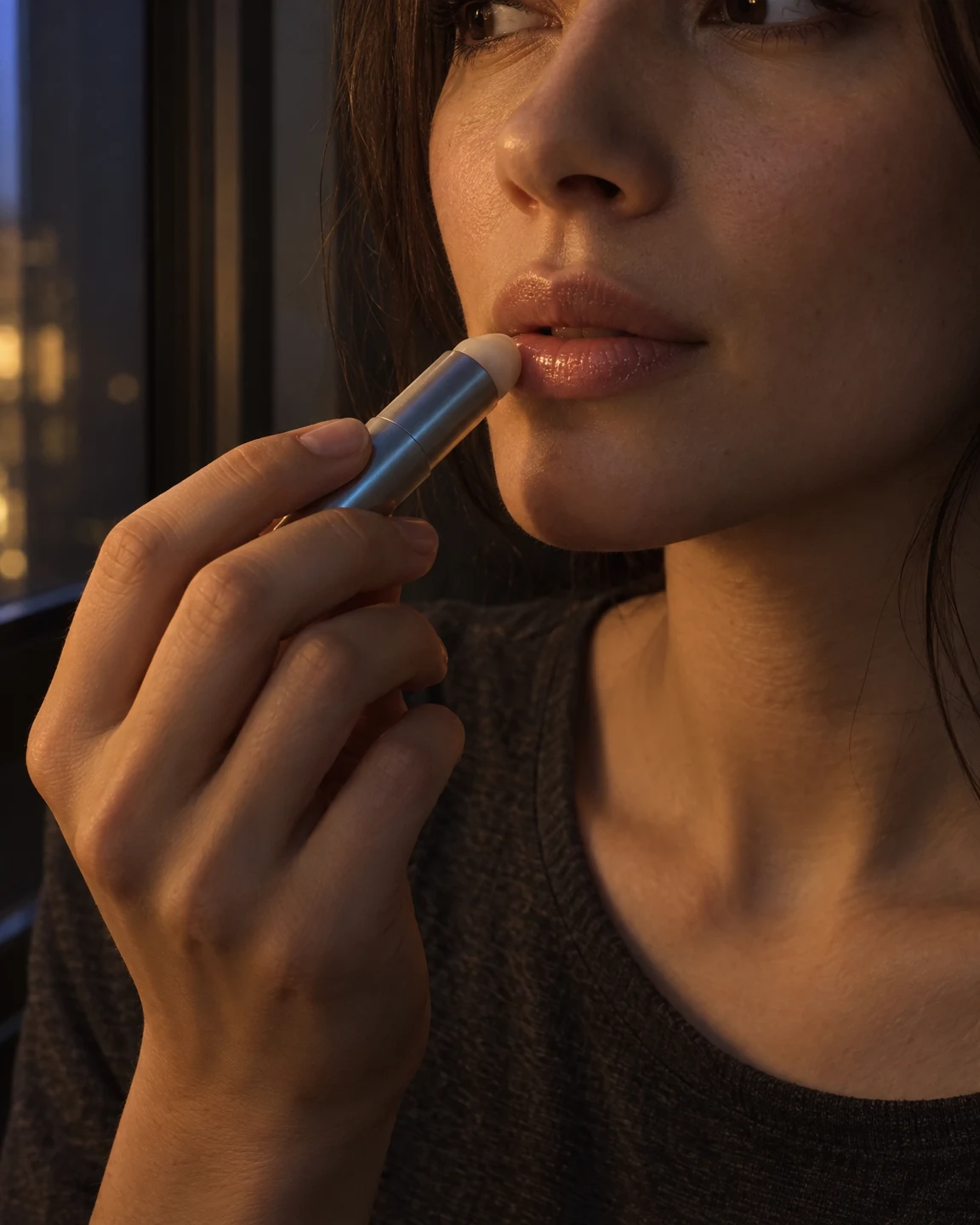 A person in a charcoal knit top holds a silver balm tube to their lower lip beside a dark window, with warm blurred lights visible outside.