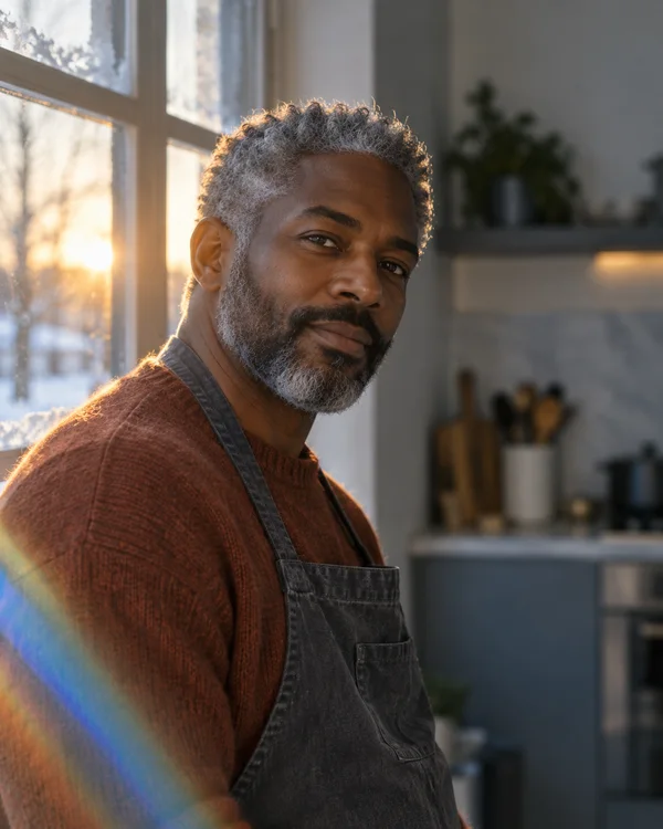 A man with short silver curls and a trimmed beard wears a rust-colored sweater and charcoal apron beside a tall kitchen window.