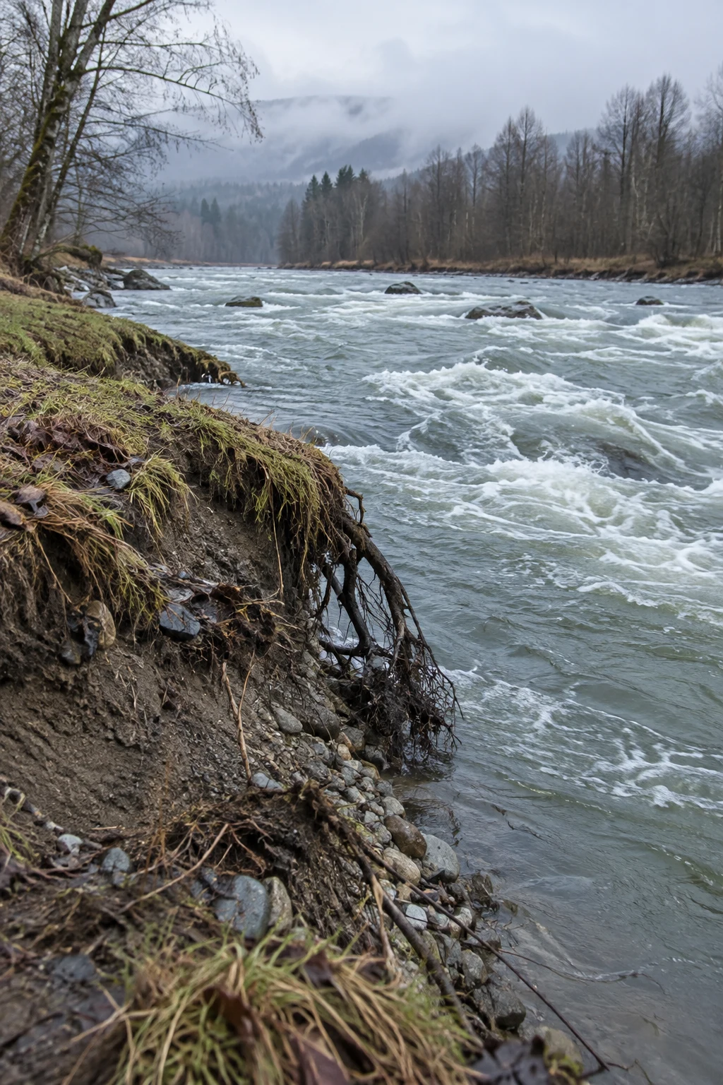 A fast, foaming river runs beside a steep eroded bank with exposed roots, wet stones and grass; bare trees line the opposite shore beneath a pale overcast sky.