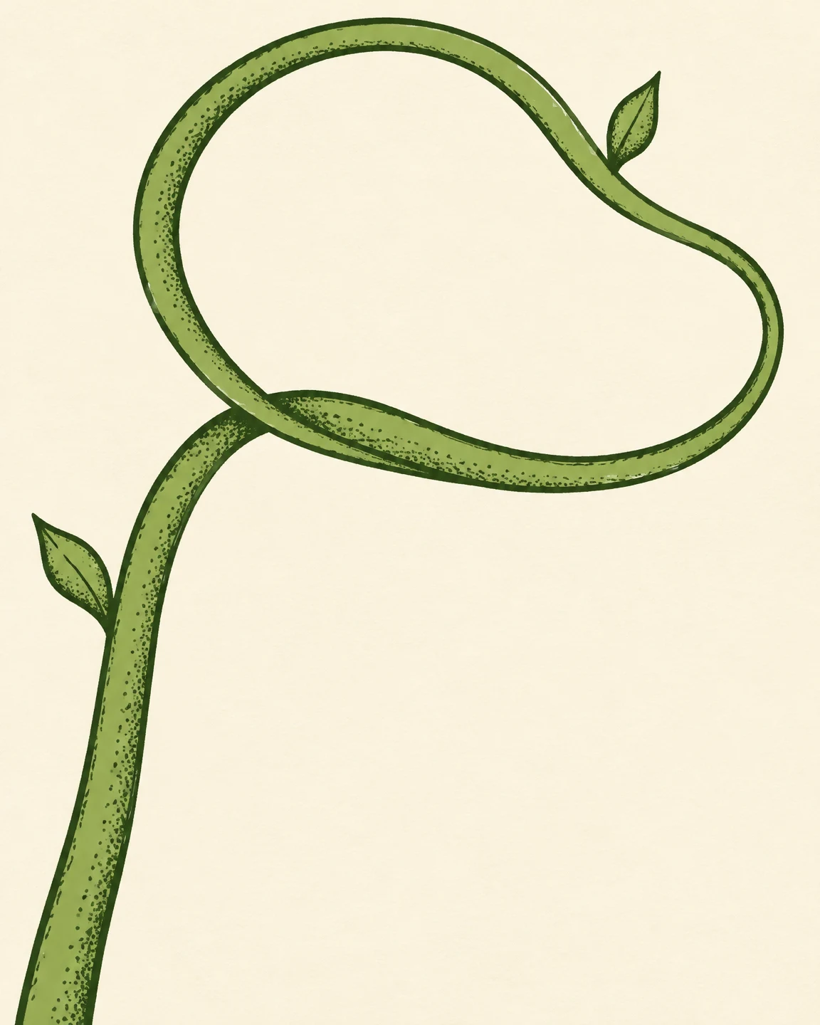 A thick green stem rises from the lower-left edge and forms a large loop on warm cream paper, with two pointed leaves and dark stippled shading.