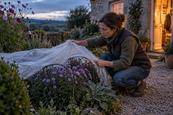 A gardener crouches beside purple asters, drawing translucent white fleece over low hoops in a cottage garden at twilight; an open doorway glows behind them.