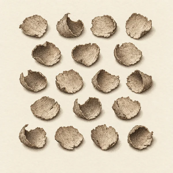 Eighteen irregular, rounded bark pieces with fibrous textures and curled edges arranged in staggered rows on cream paper, rendered in dark umber stippling.