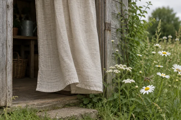 A loose natural linen curtain hangs in the doorway of a weathered timber shed beside grass, oxeye daisies and yarrow; a small striped insect hovers near the…