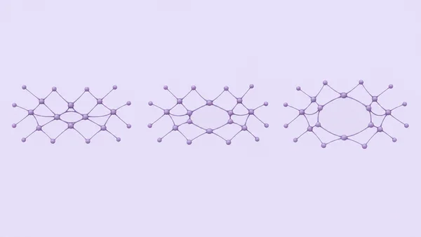 Three plum-violet filament meshes with softly shaded round nodes sit in a row on a pale lavender background; the central opening grows from narrow on the left…