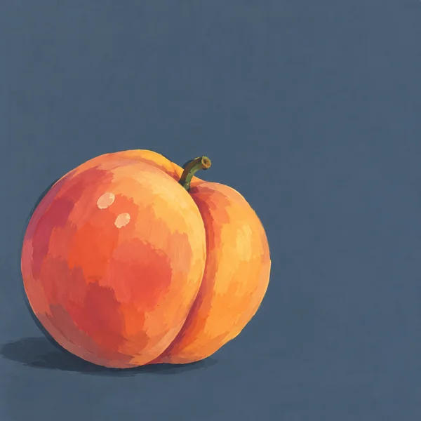 A broad, asymmetrical coral-orange peach with a deep central cleft and bent green stem sits in the lower-left of a blue-grey background, with two pale marks on…