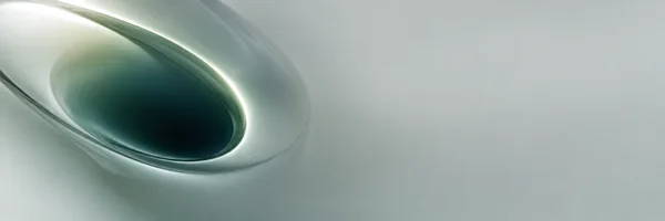 An ultra-wide abstract image of a translucent glass-like surface curving into a deep, dark teal oval hollow on the left, edged by a bright crescent of light…