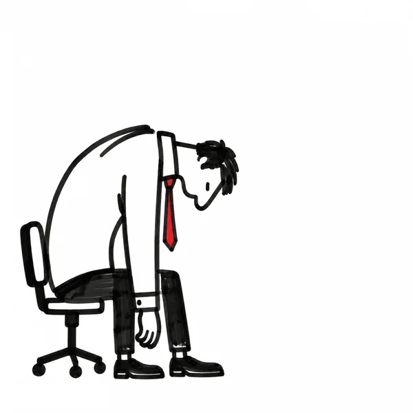 A black-marker cartoon of a slumped office worker in a red tie, seated on a swivel chair against a white background, with large empty space above and to the…