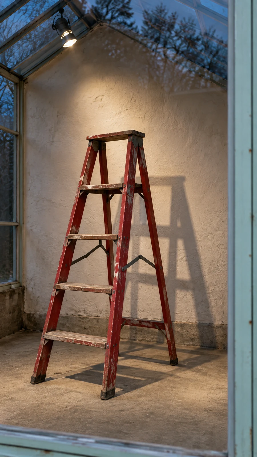 A worn crimson wooden stepladder stands open against a warm plaster wall inside a greenhouse, lit by an overhead spotlight and framed by pale mint glazing…