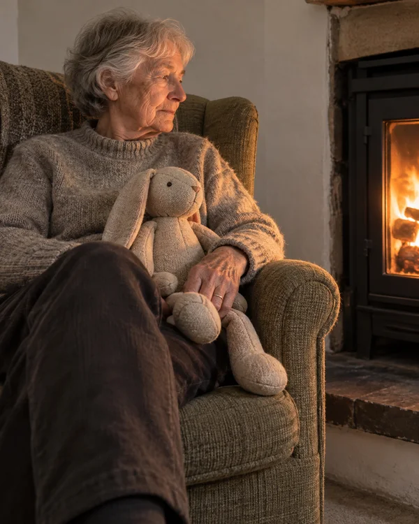 An older woman sits in an upholstered armchair beside a lit fireplace, looking toward the fire with a large cloth rabbit resting across her lap.
