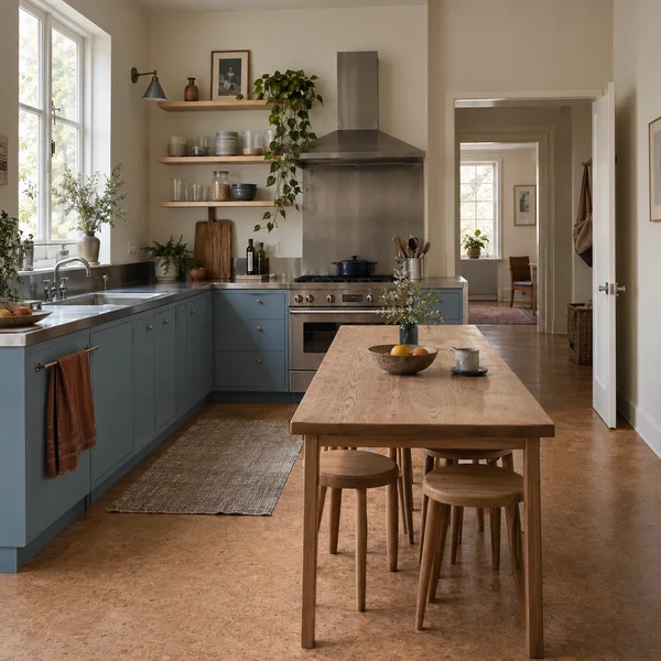A dusty-blue L-shaped kitchen with stainless-steel counters and a sink beneath the left-side window.