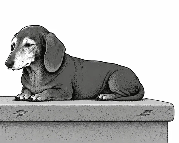 A gray, long-bodied dachshund with a white muzzle rests with half-closed eyes on a worn stone stair tread against a white background.